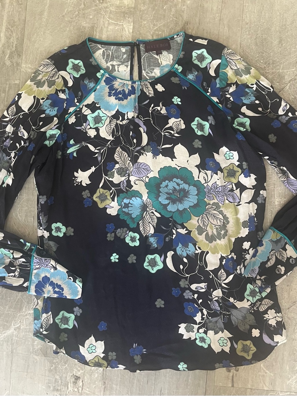Hale Bob Navy Floral Long-Sleeve Blouse with Teal Accents Sz S NWOT